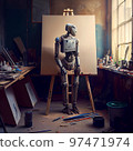 Artificial Inteligence, humaniod robot in his atelier, futuristic concept. 97471974