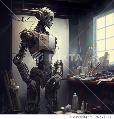 Artificial Inteligence, humaniod robot creating images, futuristic concept. Artificial Inteligence, humaniod robot creating images, futuristic concept. 97471975