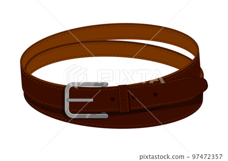 Men leather belt made of expensive dark leather, rolled into ring. Men belt with metal buckle, stitched and strong thread. Clothing accessories colored Vector isolated on white background 97472357