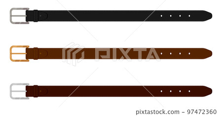 Set of men leather belts made of expensive dark leather. Men belts with metal plaques stitched and strong thread. Clothing accessories colored Vector isolated on white background 97472360