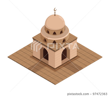 Ancient temple, isometric muslim mosque with stone walls, dome and crescent symbol on top. Religious building for prayers flat. Realistic 3D vector isolated on white background 97472363