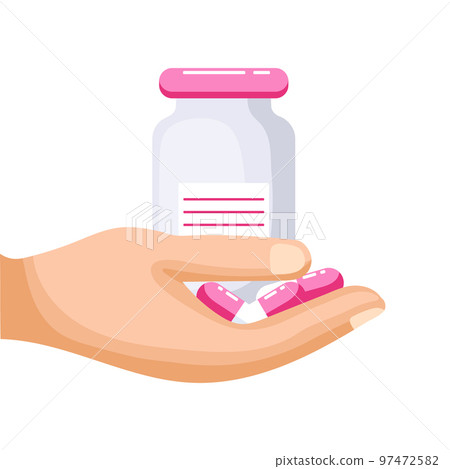 Medical vial with pills and capsules in hand. Illustration, icon, vector Medical vial with pills and capsules in hand. Illustration, icon, vector 97472582