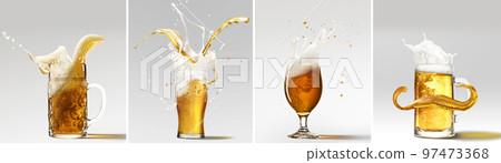 Collage. Glasses and mugs with chill , foamy lager beer over grey background. Brewery, taste 97473368