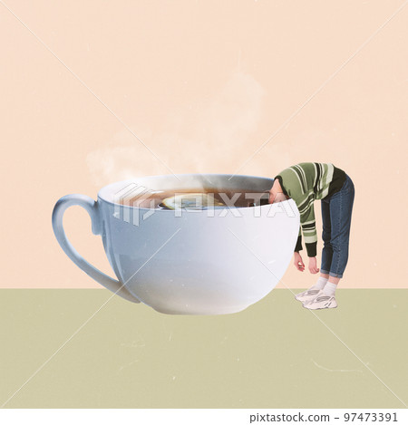 Contemporary art collage. Creative design. Young woman holding head inside cup with hot black tea. Warming. Contemporary art collage. Creative design. Young woman holding head inside cup with hot black tea. Warming. 97473391