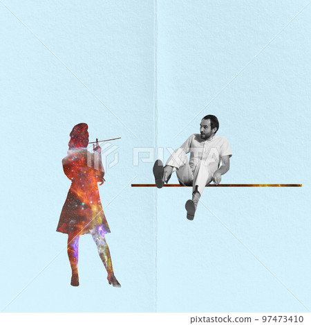 Contemporary art collage. Man looking at female silhouette with impression and admiration. Dreams 97473410