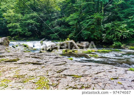 Summer scenery of beautiful mountain streams, valleys and clear streams ``Tourist attraction: Kikuchi Gorge'' Kikuchi City, Kumamoto Prefecture, Japan Summer scenery of beautiful mountain streams, valleys and clear streams ``Tourist attraction: Kikuchi Gorge'' Kikuchi City, Kumamoto Prefecture, Japan 97474087
