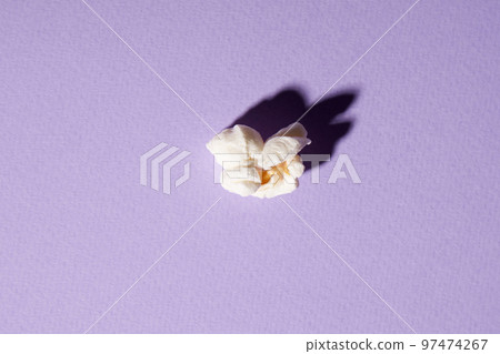 Delicious popcorn on a purple background. Culture of cinema ,domestic leisure with friends . 97474267