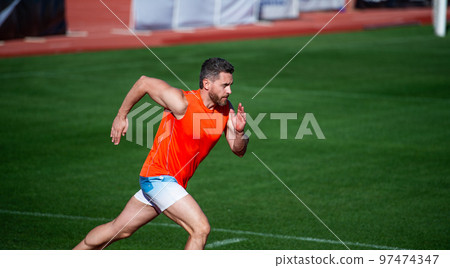 man sprinter running from start to finish with success and speed, sport 97474347