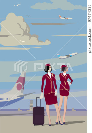 Stewardesses at the airport against the backdrop of aircraft. Vector. Stewardesses at the airport against the backdrop of aircraft. Vector. 97474353