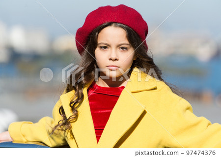 Fall is not my favorite. Melancholy concept. Ideas for autumn leisure. Small girl wear fall outfit outdoors. Autumn bucket list. Sad kid collecting memories. Farewell to autumn. Last autumn beams 97474376