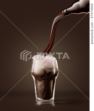 Imitation of stream of dark stout pours into beer glass over dark chocolate color background. Concept of creativity, imagination, Oktoberfest, ad 97474809