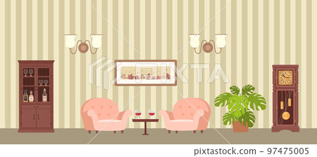Cozy living room with mahogany furniture, pink armchairs and grandfather clock Cozy living room with mahogany furniture, pink armchairs and grandfather clock 97475005