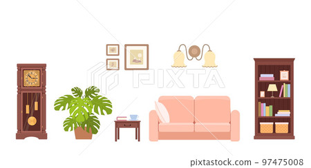 Cozy living room with wooden bookcase, sofa and grandfather clock Cozy living room with wooden bookcase, sofa and grandfather clock 97475008