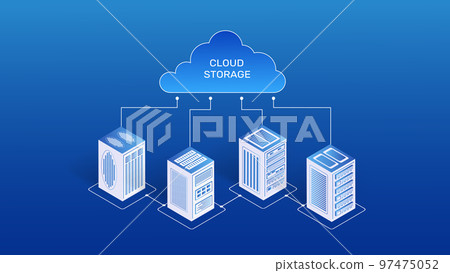 Isometric cloud server. 3D big data. Network hosting background. Share datacenter on computer. Information storage. Database connection. Digital infrastructure. Vector illustration concept Isometric cloud server. 3D big data. Network hosting background. Share datacenter on computer. Information storage. Database connection. Digital infrastructure. Vector illustration concept 97475052