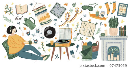 Cozy pillow. Wool socks and blanket, record player. Comfy home reading at fireplace, vinyl, furniture, girl in socks. Happy woman with hot drink, aroma candles, reading books. Vector cartoon set 97475059