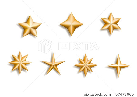 3d Christmas stars, realistic gold icons. Golden decoration elements different forms, realistic metal starburst, various shapes asterisk. Holiday celebration glitter. Vector isolated set 3d Christmas stars, realistic gold icons. Golden decoration elements different forms, realistic metal starburst, various shapes asterisk. Holiday celebration glitter. Vector isolated set 97475060