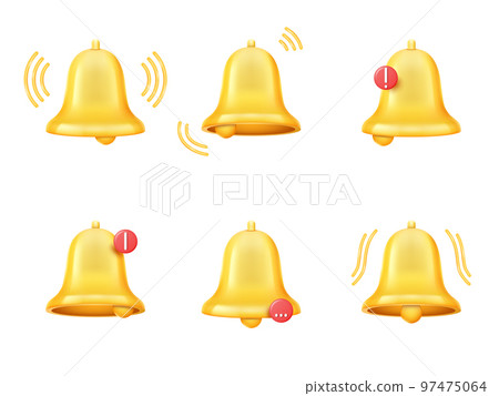 Realistic yellow bell. 3d element notification, alert icon. Alarm reminder, social media notice render, mobile phone call, event message, subscribe sign. Vector isolated illustration Realistic yellow bell. 3d element notification, alert icon. Alarm reminder, social media notice render, mobile phone call, event message, subscribe sign. Vector isolated illustration 97475064