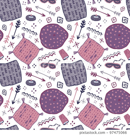 Doodle Hygge pattern. Pillows and arrows. Christmas holiday. Cozy cushions. Glasses and candles. Decorative winter clothes for home comfort. Love autumn. Vector seamless illustration Doodle Hygge pattern. Pillows and arrows. Christmas holiday. Cozy cushions. Glasses and candles. Decorative winter clothes for home comfort. Love autumn. Vector seamless illustration 97475066