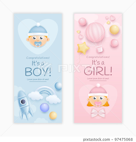 Baby shower cards for girl or boy birth. Birthday invitation with 3D balloons and rockets. Party announcement posters set. Toddlers faces. Newborn children celebration. Vector backgrounds 97475068