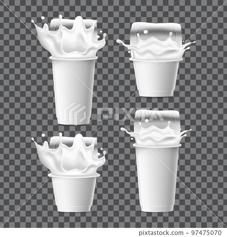 3D containers with yogurt splash. Milk products. Plastic cup for yoghurt and sour cream. Dairy packaging can. Cylinder jar. Liquid white splatters. Food packages set. Vector pack mockup 3D containers with yogurt splash. Milk products. Plastic cup for yoghurt and sour cream. Dairy packaging can. Cylinder jar. Liquid white splatters. Food packages set. Vector pack mockup 97475070