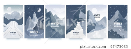 Holiday winter landscape, abstract vertical posters. Minimalist blue bright scene, cold and snow template. Social media posts, falling snow, cold season. Vector flat background set 97475083