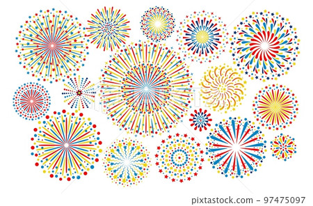Fireworks pattern, new year festive background. Party ornament, Christmas or birthday night event, lights holiday explosion set, abstract carnival star shape. Vector isolated illustration Fireworks pattern, new year festive background. Party ornament, Christmas or birthday night event, lights holiday explosion set, abstract carnival star shape. Vector isolated illustration 97475097
