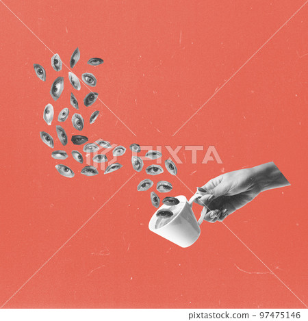 Contemporary art collage. Conceptual image. Human hand throwing many human eyes from coffee cup. Rejection of opinion Contemporary art collage. Conceptual image. Human hand throwing many human eyes from coffee cup. Rejection of opinion 97475146