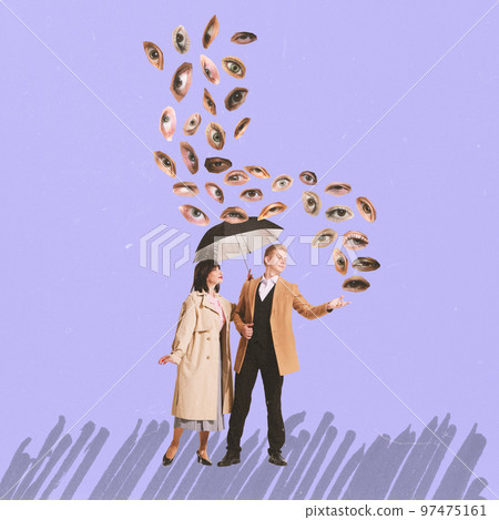 Contemporary art collage. Conceptual image. Young couple hiding under umbrella from many human eyes. Private life safety 97475161