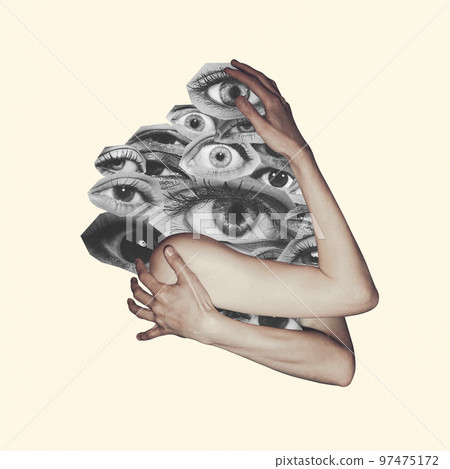 Contemporary art collage. Conceptual image. Human hands hugging many people's eyes. Social support 97475172