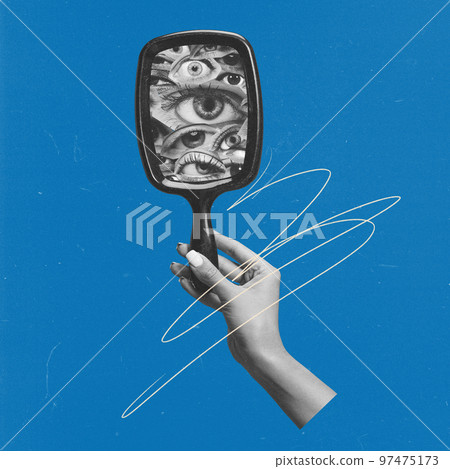 Contemporary art collage. Conceptual image. Female hand holding mirror with many human eyes. Social opinion and influence 97475173