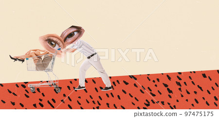 Contemporary art collage. Conceptual image. Man and woman going shopping together. Eyes symbolizing influence of marketing sales strategy 97475175