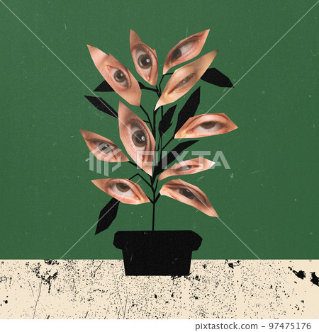 Contemporary art collage. Conceptual image. A tree with many human eyes instead leaves. Agreement of opinion Contemporary art collage. Conceptual image. A tree with many human eyes instead leaves. Agreement of opinion 97475176