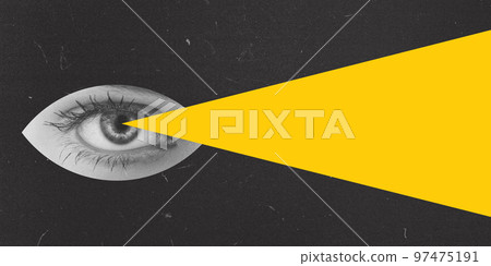 Contemporary art collage. Conceptual image. Female eye looking straight with confidence over black background. New vision, truth 97475191