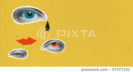 Contemporary art collage. Conceptual image. Human eyes showing different emotions of stress, sadness, annoyance over yellow background. Feeling and emotions 97475192