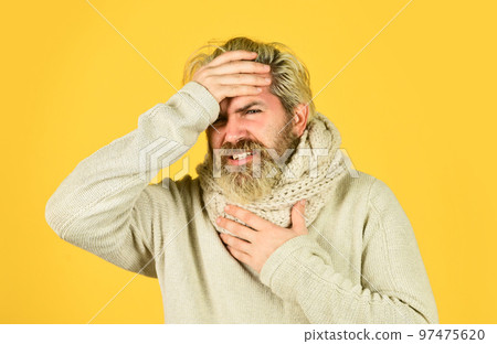 winter flue disease. feeling bad health. bearded hipster ill. epidemic coronavirus from china. weak immunity to virus infection. man with cold feel fever. brutal male cough and runny nose 97475620