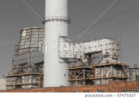 Exhaust old ventilation industrial system of chimney and cooling tower factory steam smoke pipe 97475837