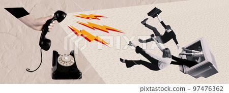 Contemporary art collage. Burning deadlines. Boss, office manager controlling employees. Workers falling into computer screen Contemporary art collage. Burning deadlines. Boss, office manager controlling employees. Workers falling into computer screen 97476362