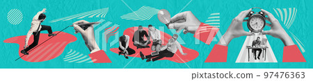 Contemporary art collage. Working process. People, employees working on new projects, finishing deadlines, developing strategies. Growth Contemporary art collage. Working process. People, employees working on new projects, finishing deadlines, developing strategies. Growth 97476363
