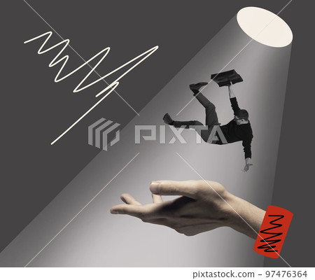 Contemporary art collage. Businessman falling down on giant human hand. Professional failure and support Contemporary art collage. Businessman falling down on giant human hand. Professional failure and support 97476364