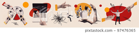 Contemporary art collage. Business icons of working process in the company. Teamwork, achievements, strategy Contemporary art collage. Business icons of working process in the company. Teamwork, achievements, strategy 97476365
