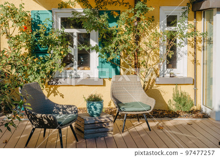 Garden Furniture For Leisure Time In Nature. Empty Chairs And Table Table In Orchard. Wooden Outdoor Furniture Set For Picnic In Autumn Garden. Cozy Interior Courtyard With Table And Chair In Village 97477257