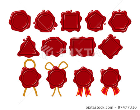 Set Of Waxing Seal Stamps Of Different Shapes. Retro Labels, Red Certificate, Document, Letter, Envelope Protection 97477310