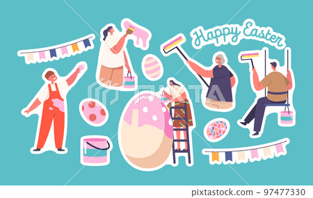 Set of Stickers Happy Family Prepare for Easter Celebration. Parents, Granny and Children Painting Huge Egg 97477330