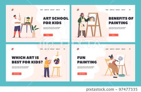 Children Painting Landing Page Template Set. Little Boys or Girls Characters Drawing in Artist Studio or Art Workshop Children Painting Landing Page Template Set. Little Boys or Girls Characters Drawing in Artist Studio or Art Workshop 97477335