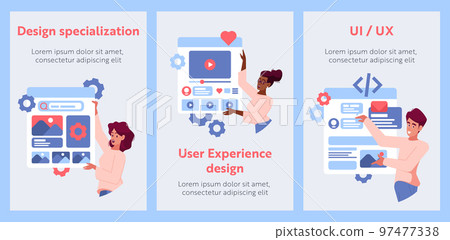 Ui Ux Designer Characters Develop Website Interface Cartoon Banners. Creating Content Layout With Visual Elements 97477338