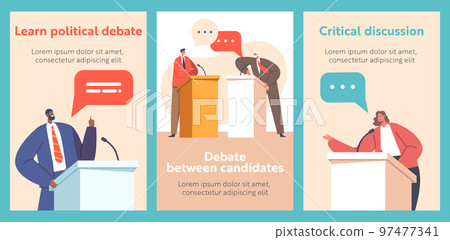 Political Debate Cartoon Banners With Candidates Speaking Behind the Desks, Fighting For Leadership And Conquering Power Political Debate Cartoon Banners With Candidates Speaking Behind the Desks, Fighting For Leadership And Conquering Power 97477341
