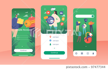 Internet Safety Mobile App Page Onboard Screen Template. Computer Security, Privacy, Data Protection Concept 97477344