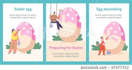 Happy Family Prepare for Easter Celebration Cartoon Banners. Tiny Parents, Granny and Children Painting Huge Egg 97477352