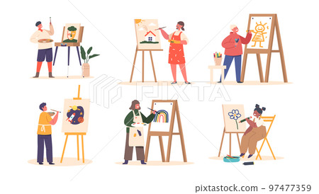 Set Children Painting On Easel. Little Boys And Girls Characters Drawing In Artist Studio Or Art School Create Pictures 97477359