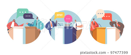 Political Debate Isolated Round Icons or Avatars. Candidates Speaking Behind the Desks Fight For Leadership Illustration Political Debate Isolated Round Icons or Avatars. Candidates Speaking Behind the Desks Fight For Leadership Illustration 97477399